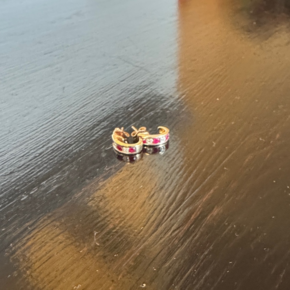 Gold Tone Hoop Earrings with Rubies